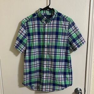 EUC Ralph Lauren Boys Plaid Green Blue Short Sleeve Button Down XL (18-20)